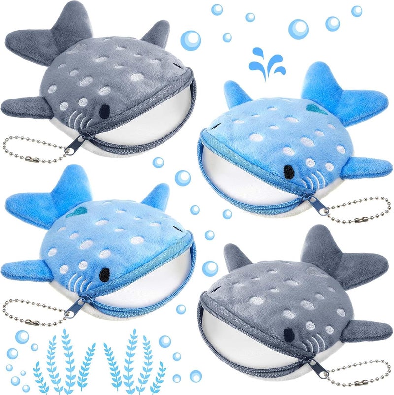 SilTriangle 4 Pcs Whale Shark Coin Purse, Plush Coin Pouch with Zipper, Kawaii Shark Wallet, Fish Sea Animal Change Purse for Kids Girls Women Cosmetic Items Earphone Gifts, Blue, Gray - Image 1